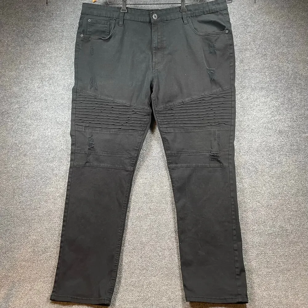 Southpole Stretch Biker Jeans Men's 44 (44X32) Black Destroyed Denim READ